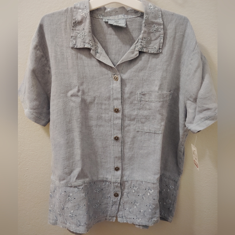 🦋Hot Cotton Machine Gray Embroidered Linen Blouse